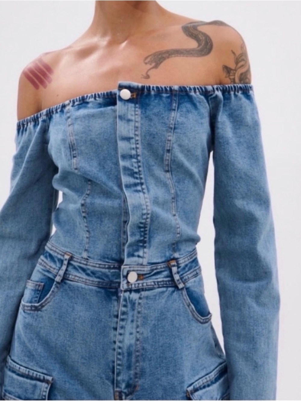 AKIRA Off-Shoulder Denim Cargo Jumpsuit in Medium Blue - Picture 8 of 8